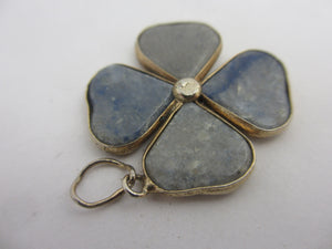 Blue Agate Lucky 4 Leaf Clover Sterling Silver Pendant Antique Victorian c1860