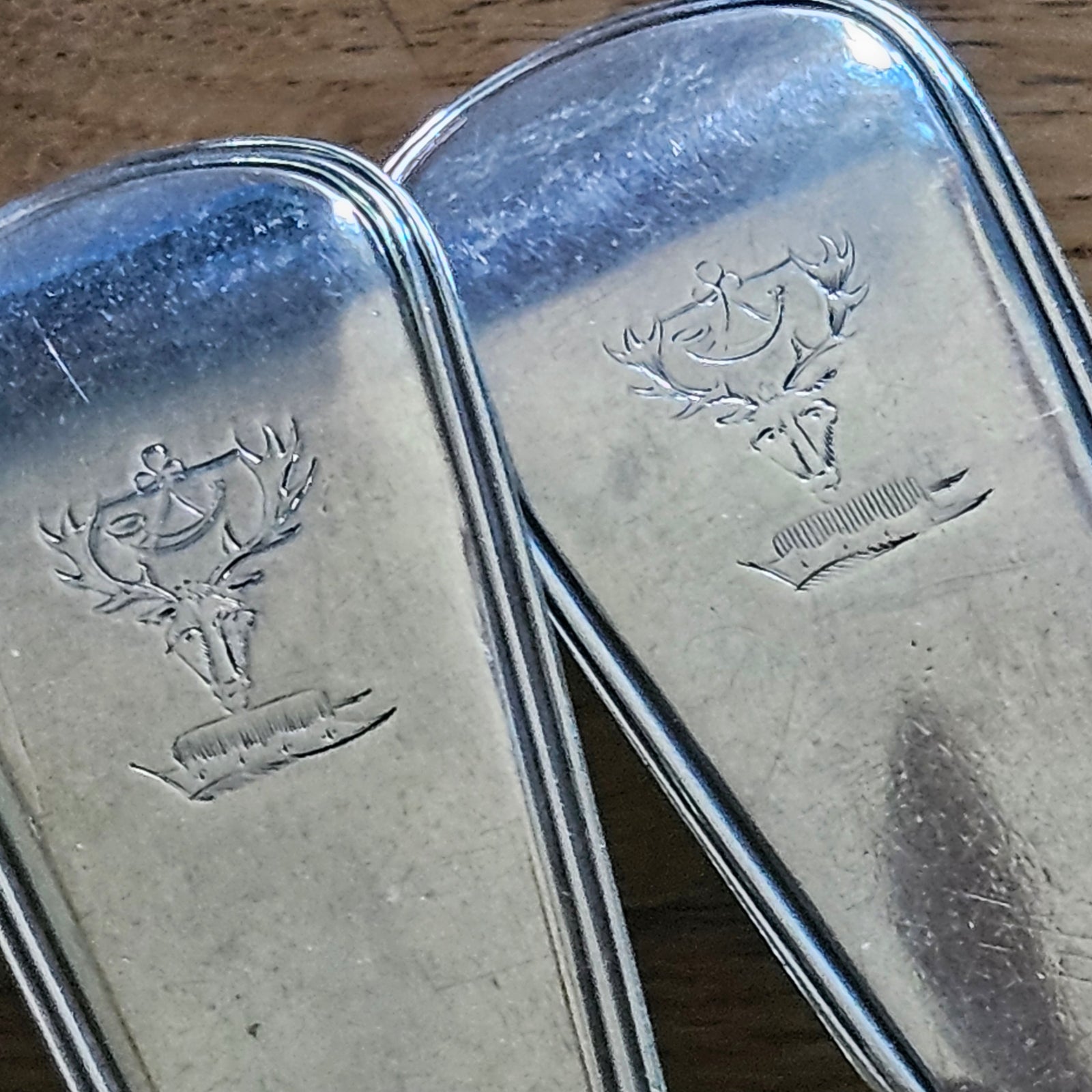 Pair of English Sterling Silver Stuffing Spoons Inscribed Stag Head and Horn by William Cattell Antique Georgian