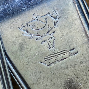 Pair of English Sterling Silver Stuffing Spoons Inscribed Stag Head and Horn by William Cattell Antique Georgian