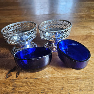 Pair of English Sterling Silver Salts Bristol Blue Glass Liners by Samuel Meriton Antique Georgian
