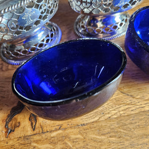 Pair of English Sterling Silver Salts Bristol Blue Glass Liners by Samuel Meriton Antique Georgian