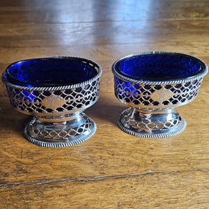 Pair of English Sterling Silver Salts Bristol Blue Glass Liners by Samuel Meriton Antique Georgian