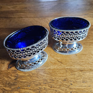 Pair of English Sterling Silver Salts Bristol Blue Glass Liners by Samuel Meriton Antique Georgian