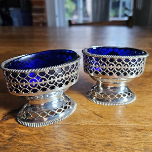 Pair of English Sterling Silver Salts Bristol Blue Glass Liners by Samuel Meriton Antique Georgian