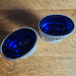 Pair of English Sterling Silver Salts Bristol Blue Glass Liners by Samuel Meriton Antique Georgian