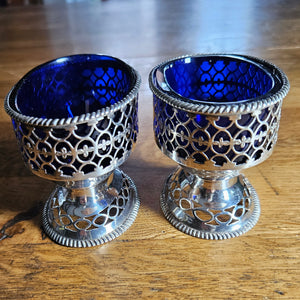 Pair of English Sterling Silver Salts Bristol Blue Glass Liners by Samuel Meriton Antique Georgian