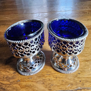 Pair of English Sterling Silver Salts Bristol Blue Glass Liners by Samuel Meriton Antique Georgian