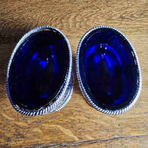 Pair of English Sterling Silver Salts Bristol Blue Glass Liners by Samuel Meriton Antique Georgian