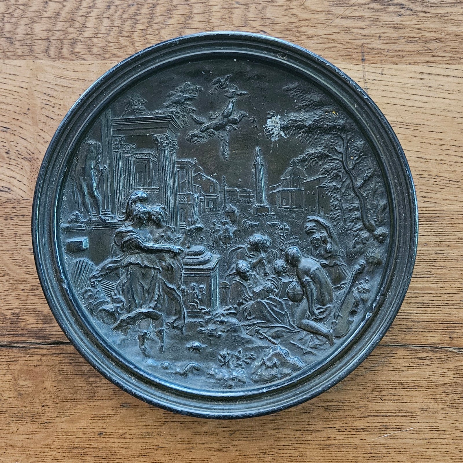 Classical Scene to this Pewter Wall Plate Antique Victorian c1880
