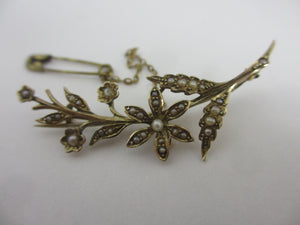 Seed Pearl in 9k Gold Flower Brooch Pin Antique Victorian c1880