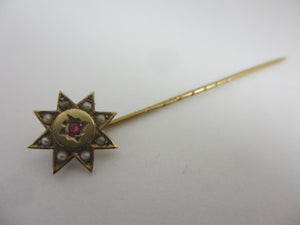 Star Stick Pin Brooch 9k Gold Seed Pearl and Garnet Antique Victorian 1876