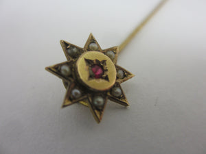 Star Stick Pin Brooch 9k Gold Seed Pearl and Garnet Antique Victorian 1876