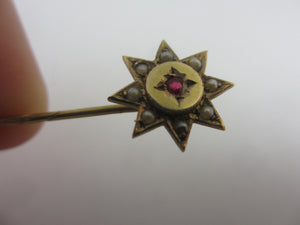 Star Stick Pin Brooch 9k Gold Seed Pearl and Garnet Antique Victorian 1876