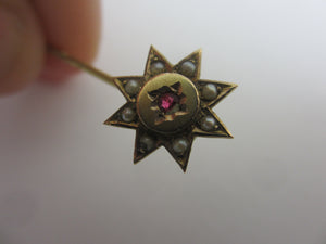 Star Stick Pin Brooch 9k Gold Seed Pearl and Garnet Antique Victorian 1876