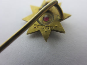 Star Stick Pin Brooch 9k Gold Seed Pearl and Garnet Antique Victorian 1876