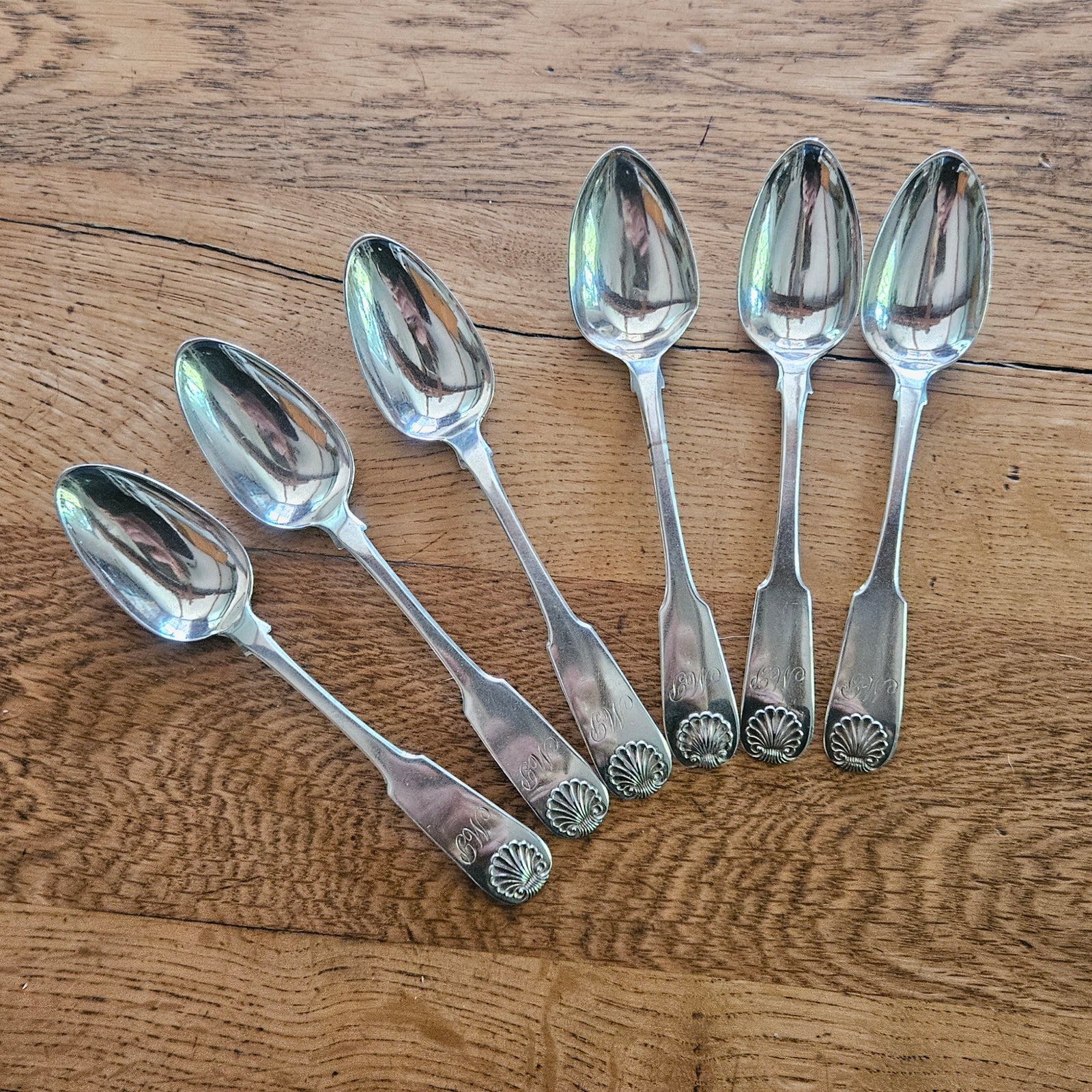 Set of 6 Shell Detailing Scottish Sterling Silver Tea Spoons Cutlery by Forrests Antique Victorian 1898