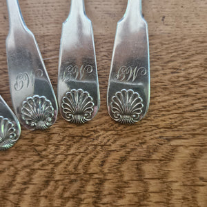 Set of 6 Shell Detailing Scottish Sterling Silver Tea Spoons Cutlery by Forrests Antique Victorian 1898