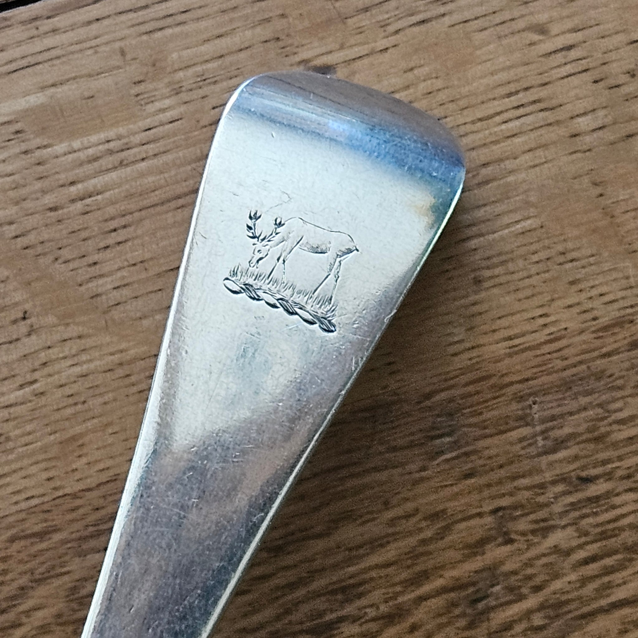 Heraldic Stag Crest to Handle English Sterling Silver Stuffing Spoon by Chawner & Co Antique Victorian