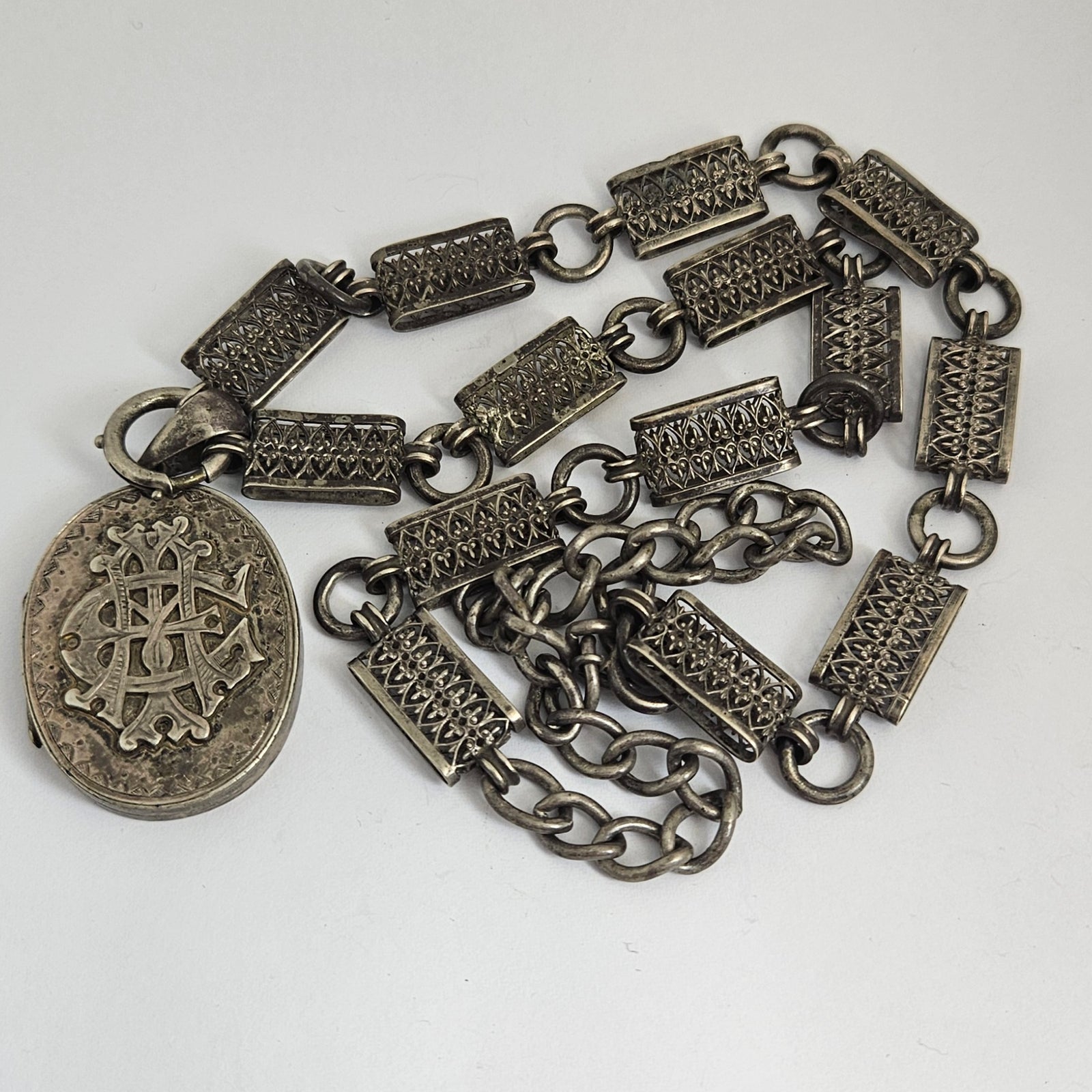 Monogram Double Locket Pendant Book Chain Necklace in Sterling Silver Antique Victorian