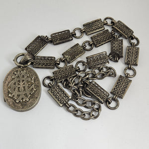Monogram Double Locket Pendant Book Chain Necklace in Sterling Silver Antique Victorian