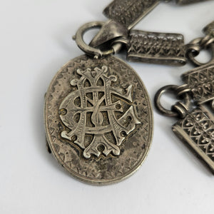 Monogram Double Locket Pendant Book Chain Necklace in Sterling Silver Antique Victorian