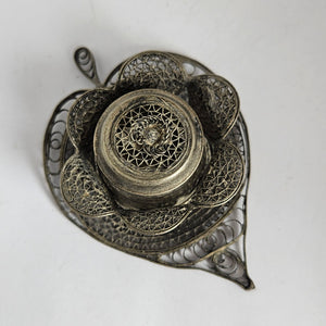 Heart Shape Sterling Silver Filigree Incense Pot Box Antique Victorian c1900