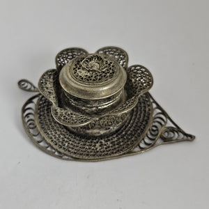 Heart Shape Sterling Silver Filigree Incense Pot Box Antique Victorian c1900