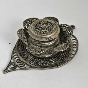 Heart Shape Sterling Silver Filigree Incense Pot Box Antique Victorian c1900