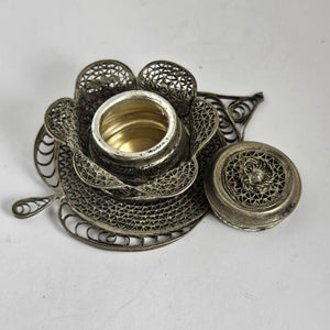 Heart Shape Sterling Silver Filigree Incense Pot Box Antique Victorian c1900