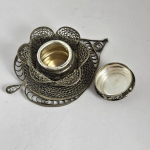 Heart Shape Sterling Silver Filigree Incense Pot Box Antique Victorian c1900