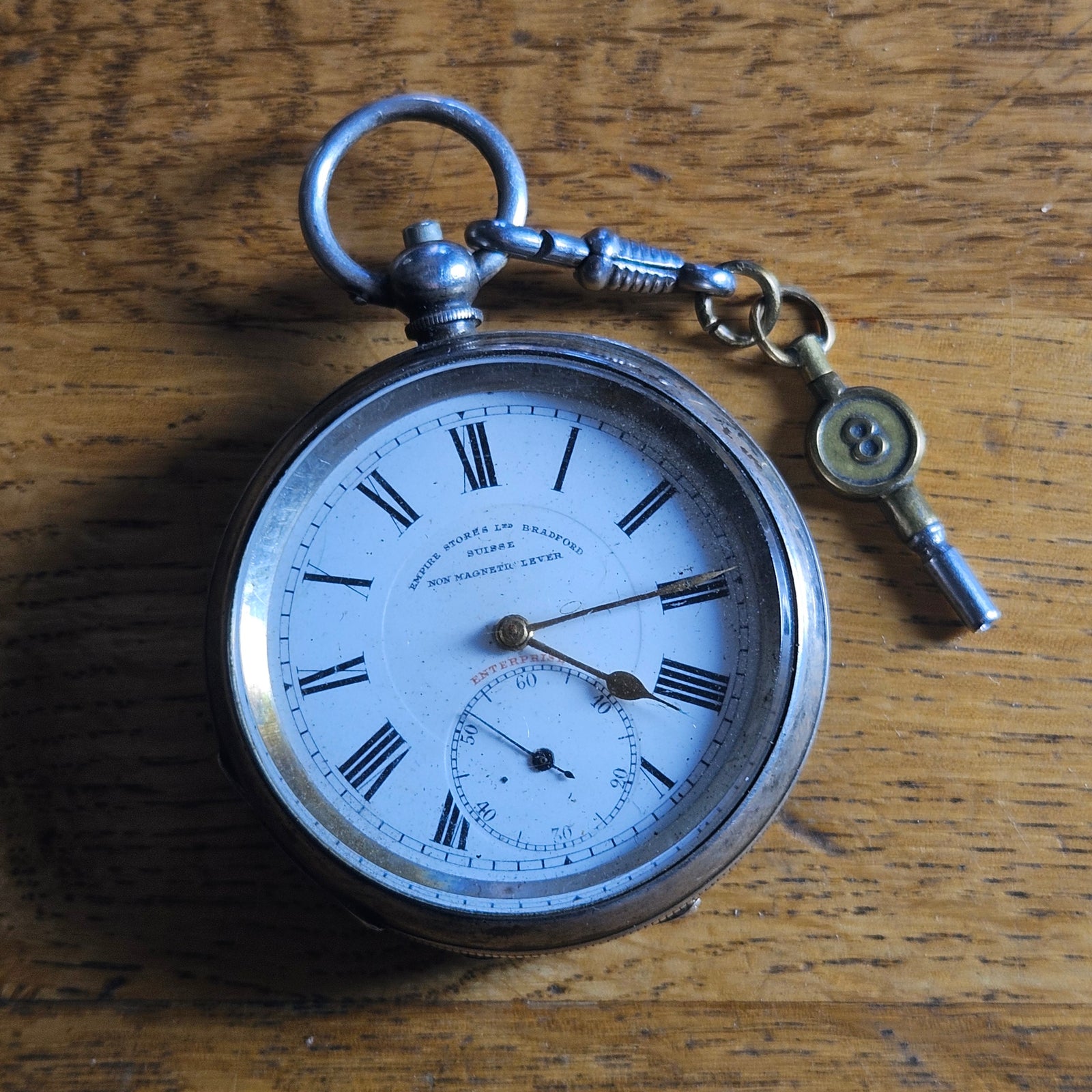 Sterling Silver Pocket Watch with Watch Key Antique Edwardian 1919