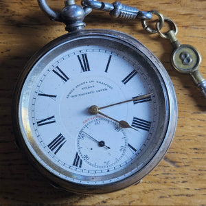 Sterling Silver Pocket Watch with Watch Key Antique Edwardian 1919
