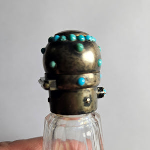 Double Ended Scent Bottle in Cut Crystal Glass, Sterling Silver and Turquoise Antique Victorian