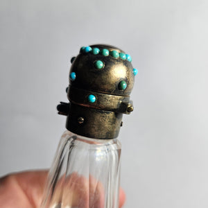 Double Ended Scent Bottle in Cut Crystal Glass, Sterling Silver and Turquoise Antique Victorian
