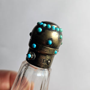 Double Ended Scent Bottle in Cut Crystal Glass, Sterling Silver and Turquoise Antique Victorian