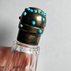 Double Ended Scent Bottle in Cut Crystal Glass, Sterling Silver and Turquoise Antique Victorian