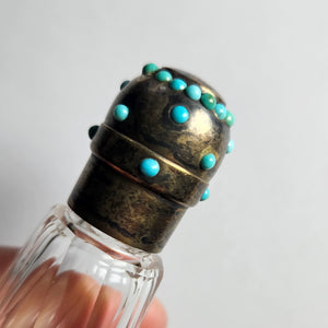 Double Ended Scent Bottle in Cut Crystal Glass, Sterling Silver and Turquoise Antique Victorian
