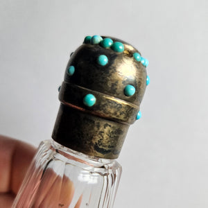 Double Ended Scent Bottle in Cut Crystal Glass, Sterling Silver and Turquoise Antique Victorian