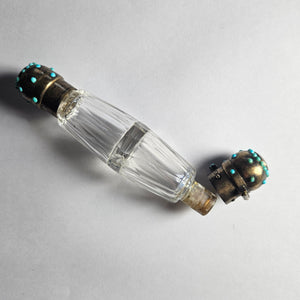 Double Ended Scent Bottle in Cut Crystal Glass, Sterling Silver and Turquoise Antique Victorian