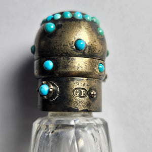 Double Ended Scent Bottle in Cut Crystal Glass, Sterling Silver and Turquoise Antique Victorian
