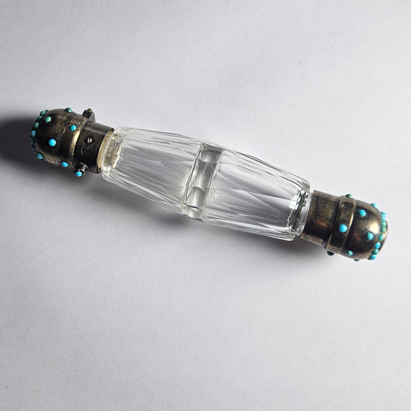 Double Ended Scent Bottle in Cut Crystal Glass, Sterling Silver and Turquoise Antique Victorian