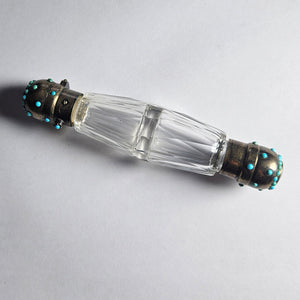 Double Ended Scent Bottle in Cut Crystal Glass, Sterling Silver and Turquoise Antique Victorian