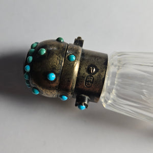 Double Ended Scent Bottle in Cut Crystal Glass, Sterling Silver and Turquoise Antique Victorian