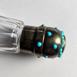 Double Ended Scent Bottle in Cut Crystal Glass, Sterling Silver and Turquoise Antique Victorian