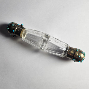 Double Ended Scent Bottle in Cut Crystal Glass, Sterling Silver and Turquoise Antique Victorian
