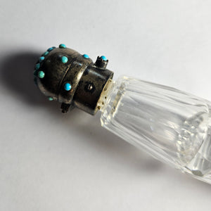 Double Ended Scent Bottle in Cut Crystal Glass, Sterling Silver and Turquoise Antique Victorian