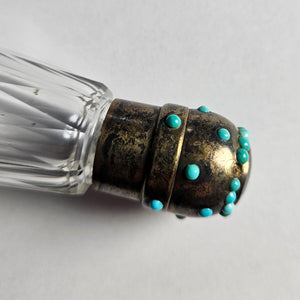 Double Ended Scent Bottle in Cut Crystal Glass, Sterling Silver and Turquoise Antique Victorian