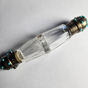 Double Ended Scent Bottle in Cut Crystal Glass, Sterling Silver and Turquoise Antique Victorian