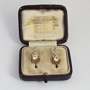 18k Gold and White Sapphire Dangling Pendant Earrings Antique Victorian