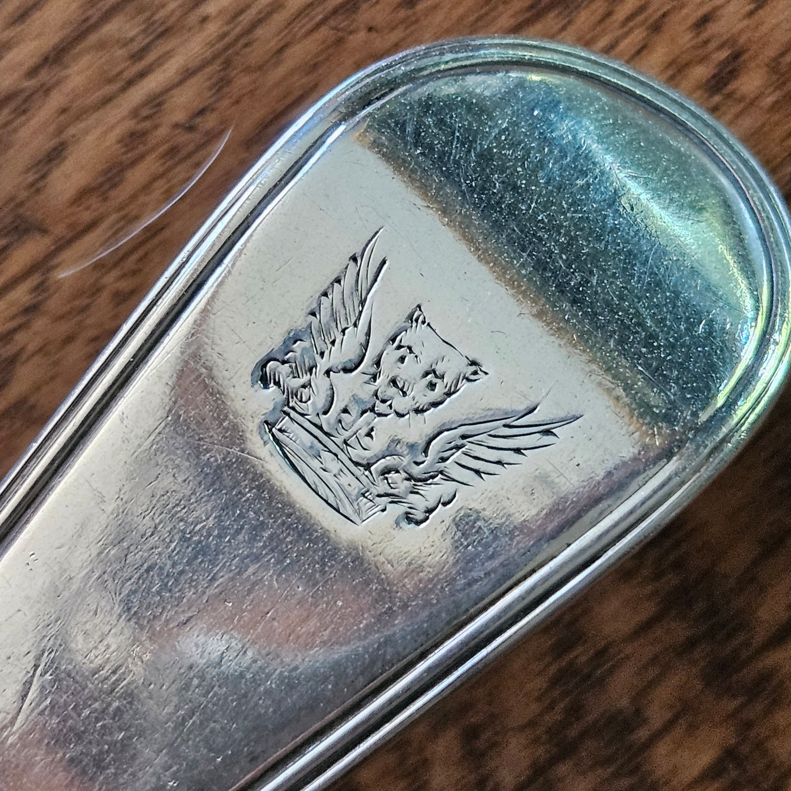 Winged Lion Heraldic Crest English Sterling Silver Stuffing Spoon by George Smith IV Antique Georgian